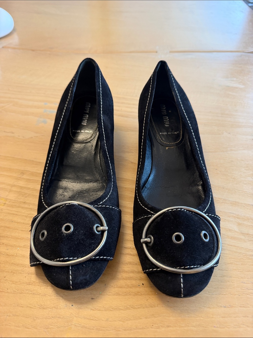 Miu Miu Black Suede Round-Buckle Ballet Flats